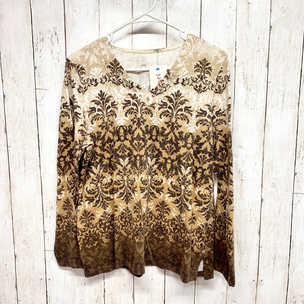 White Stag Jessica Damask V-Neck Top Womens Size L Brown Cafe Embellished Cotton